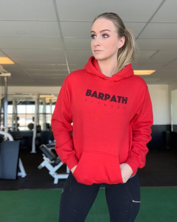 heather wearing a red barpath fitness hoodie